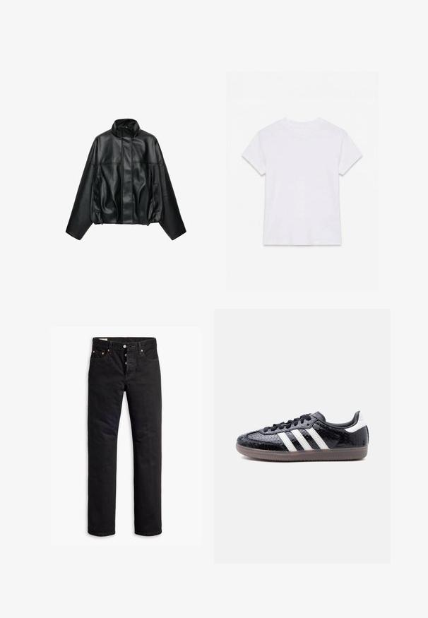 Zwarte jas van kunstleer met hoge kraag, voorrits verborgen onder flap, lange mouwen en zijzakken.; Effen wit katoenen T-shirt met korte mouwen en ronde hals, plat gelegd op een witte achtergrond.; Zwarte denim jeans met een rechte snit, vijf-pocket ontwerp en een knoopsluiting. Beschikt over koperen klinknagels en stikselaccenten.; Zwarte sneaker met een laag profiel, met een gestructureerd slangenhuidpatroon, witte strepen aan de zijkant, zwarte veters en een doorschijnende bruine zool.