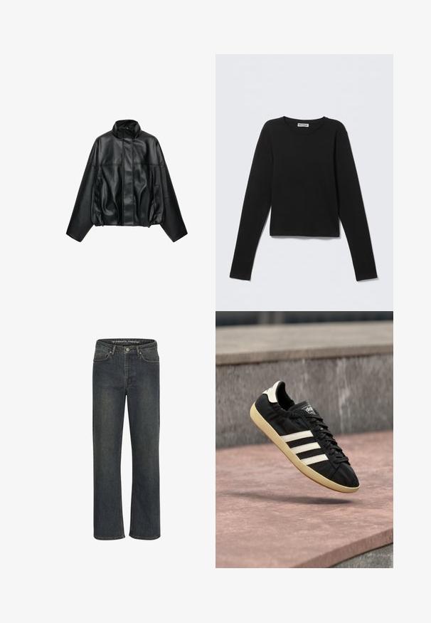 Zwarte jas van kunstleer met hoge kraag, voorrits verborgen onder flap, lange mouwen en zijzakken.; Zwart shirt met lange mouwen en een ronde hals, met een "Weekday" label bij de halslijn, weergegeven op een effen lichtgrijze achtergrond.; Donkerblauwe recht-been jeans van denim stof, met een middelhoge taille, vijf zakken en subtiele stiksels langs de naden.; Zwarte Adidas sneaker met witte strepen en beige zool, vastgelegd in de lucht boven een stenen oppervlak en een stenen muur op de achtergrond.