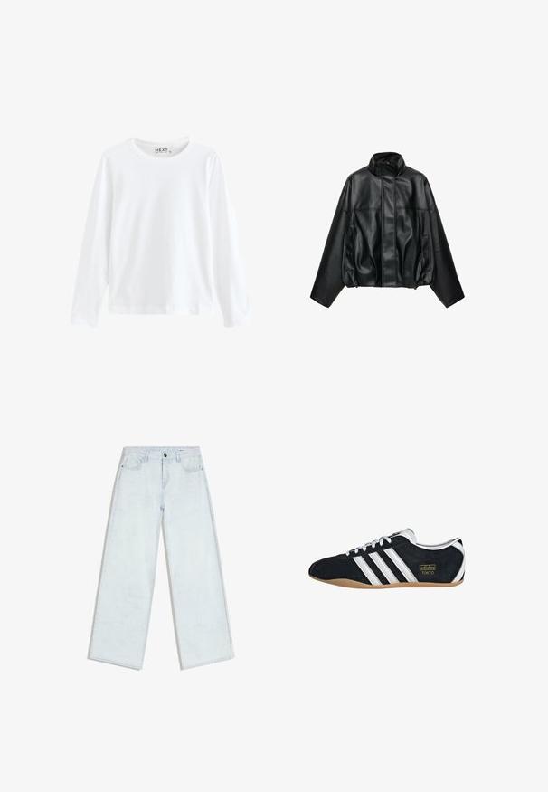 Zwarte jas van kunstleer met hoge kraag, voorrits verborgen onder flap, lange mouwen en zijzakken.; Witte lange mouwen T-shirt van katoen, met een ronde hals en een eenvoudig ontwerp, met een gelijkmatige textuur en geen zichtbare patronen of accenten.; Lichtblauwe wijde jeans met knopen en rits aan de voorkant, riemlussen en stijl met vijf zakken, plat gelegd op een witte achtergrond.; Zwarte suède sneaker met witte drie strepen, gouden logo en een bruine rubberen zool. Heeft een laag profiel vetersluiting ontwerp.