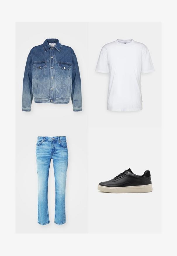 Blaue Jeansjacke mit einem Farbverlauf von hell nach dunkel, Knopfverschluss vorne, zwei Brusttaschen und gesticktem Logo auf dem Ärmel.; Weißes Baumwoll-T-Shirt mit Rundhalsausschnitt, kurzen Ärmeln und geradem Saum. Auf der linken Seitennaht befindet sich ein kleines Markenzeichen.; Blaue Jeans aus Denim mit einem ausgewaschenen Look, geradem Bein und rohem Saum. Verfügt über einen Fünf-Taschen-Stil und Metallknopf-Details.; Schwarzer Ledersneaker mit niedrigem Profil, ausgestattet mit einer cremefarbenen Gummisohle, runder Zehe und Schnürdesign, akzentuiert mit einer Ferse aus schwarzem Wildleder.
