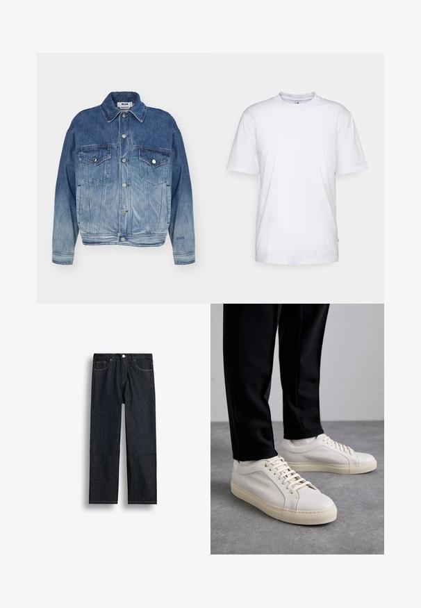 Blauwe denimjacket met een verloop van licht naar donker, knoopsluiting aan de voorkant, dubbele borstzakken en geborduurd logo op de mouw.; Witte katoenen t-shirt met een ronde hals, korte mouwen en een rechte zoom. Heeft een klein merktag aan de linkerkant van de zijnaad.; Donkerblauwe recht gesneden spijkerbroek met voorvak, rits en ontwerp met vijf zakken op een witte achtergrond.; Lichtbeige leren sneakers met platte veters, een gestructureerd oppervlak en een contrasterende crème-kleurige rubberen zool, gecombineerd met zwarte taps toelopende broek.