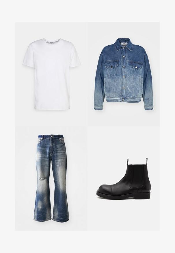 Blå denimjakke med en gradient fra lys til mørk vask, knaplukning foran, dobbel brystlomme og broderet logo på ærmet.; Hvid kortærmet t-shirt lavet af bomuld. Har en rund halsudskæring og en afslappet pasform uden synlige mønstre eller detaljer.; Blå flagrende jeans med falmede områder og slidte knædetaljer. Lavet af denim, med knaplukning og fem-lomme design.; Sort læder Chelsea-støvle med rund tå, elastiske sidepaneler, stropper foran og bagpå, flad sål, vist fra siden på hvid baggrund.