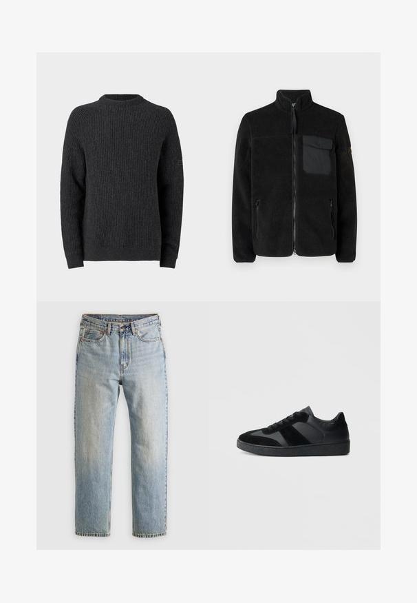 Veste zippée en polaire noire avec un col montant, un tissu texturé, deux poches latérales et une poche poitrine à fermeture par bouton.; Pull gris foncé en maille avec une texture côtelée, col rond et manches longues. Présente une petite étiquette sur la manche gauche.; Jean en denim bleu clair à taille haute, avec bouton avant, fermeture éclair et design à cinq poches, posé à plat sur un fond neutre.; Baskets noires combinant cuir lisse et daim, avec une semelle en caoutchouc noire texturée et un détail de rayures discrètes.