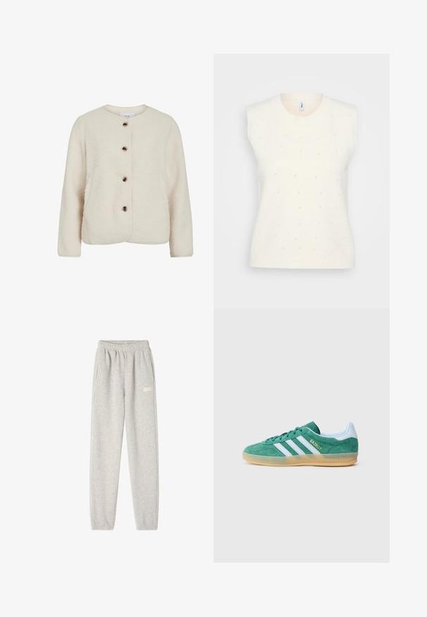 Fleecejakke i off-white med rund halsudskæring, fire brune knapper og lange ærmer med en blød tekstureret overflade.; Cremefarvet ærmeløs sweater med små spredte perleudsmykninger og ribbet halsudskæring og bund, sat mod en lys baggrund.; Grå sweatpants lavet af blød bomuldsblanding, med elastisk talje, sidelommer og et lille logo på venstre lår.; Grøn ruskindsneaker med hvide striber og gyldent "Gazelle"-logo. Har en lyseblå hæl og en gummisål i brunlig nuance. Lavprofildesign.