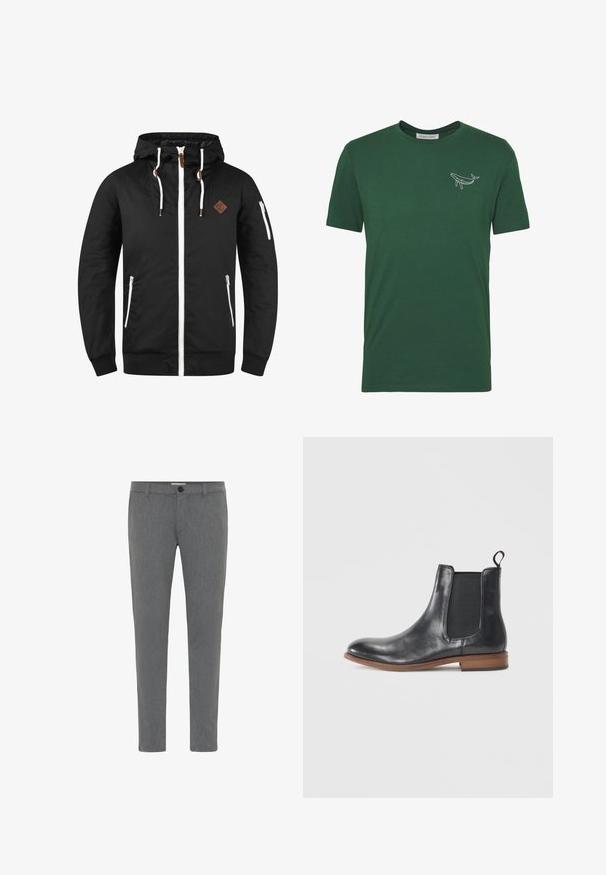Sort letvægtsjakke med lynlås foran, justerbar hætte, hvide detaljer, sidelommer og et brunt læderlogo. ; Grøn bomulds t-shirt med korte ærmer, præget af et hvidt broderet hvaldesign på brystet og runde halsudskæring.; Grå skræddersyede bukser lavet af struktureret stof, med en standard talje med bæltestropper, lynlåsfront og enkelt knappelukning.; Sorte læder Chelsea støvler med rund tå, elastiske sideskydere og en trækflap. Har en brun gummisål og glat finish.