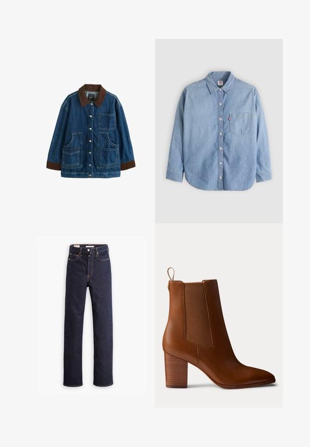 Denimjakke med brun kordfløjls-krave og manchetter, frontknaplukning og fire store påsyede lommer, vist mod hvid baggrund.; Lyseblå denimskjorte med button-down-krave, forlompe og lange ærmer. Har en buet kant og en subtil tekstur.; Mørkeblå straight-leg denim jeans med fem lommer og synlig orange syning på hvid baggrund.; Brun læderstøvle med blokhæl, elastiske sidepaneler og trækstrop på bagsiden, vist i profil på en ensfarvet baggrund.