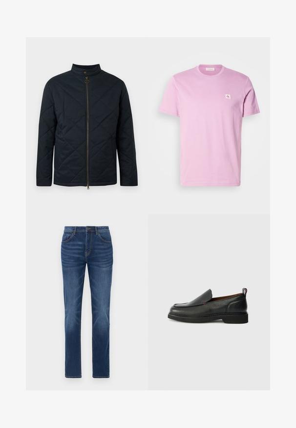 Marineblaue gesteppte Jacke mit hohem Kragen, Reißverschluss vorne und diagonalem Steppmuster. Verfügt über goldfarbene Beschläge und leichtes Material.; Rosa Baumwoll-T-Shirt mit Rundhalsausschnitt, kurzen Ärmeln und einem kleinen weißen Calvin Klein Logo-Patch auf der linken Brust.; Dunkelblaue Denim-Jeans mit klassischem gerade geschnittenem Schnitt, Fünf-Taschen-Design und leichtem Verblassen an den Beinen. Mit Knopf- und Reißverschluss.; Schwarzer Leder- Slipper mit runder Spitze, strukturiertem Obermaterial, kontrastierender roter Naht und niedrigem Absatz. Verfügt über eine Schlaufe zum Ziehen.
