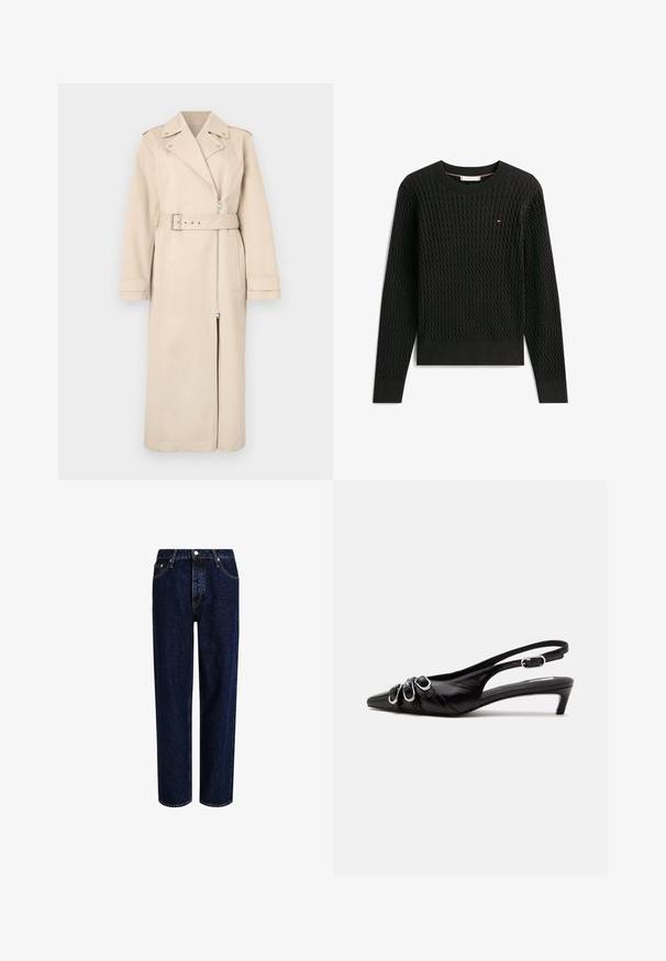 Beige Trenchcoat mit einem doppelt breiten Design, Reißverschluss, tailliertem Gürtel und Seitentaschen. Mit strukturierten Schultern und langen Ärmeln.; Schwarzer Pullover mit langen Ärmeln und Zopfmuster, Rundhals und kleinem rechteckigem Logo mit rotem, weißem und blauem Flaggenmotiv auf der linken Brust.; Dunkelblaue Denim-Jeans mit geradem Bein, hoher Taille, fünf Taschen und kontrastierenden Nähten. Ohne Verzierungen.; Schwarzer Lederslingback mit spitzer Spitze, drei silbernen Schnallen vorne und niedrigem Kittenabsatz auf weißem Hintergrund.