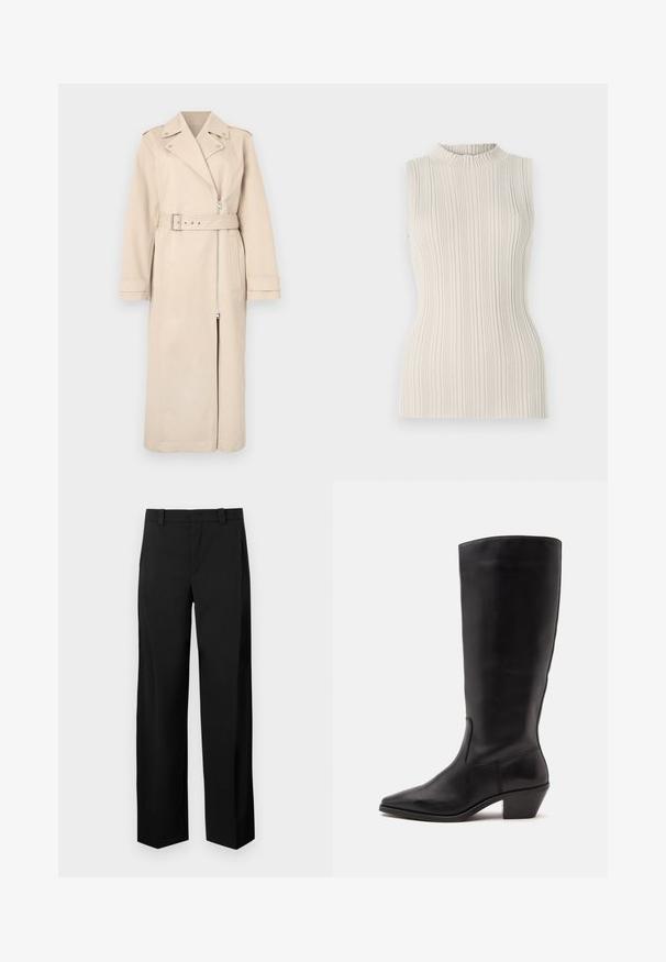 Trench coat beige con un diseño de doble botonadura, cierre de cremallera, cintura con cinturón y bolsillos laterales. Presenta hombros estructurados y mangas largas.; Top sin mangas en un suave beige, con una textura acanalada y un escote alto y fruncido. La silueta ajustada realza la figura.; Pantalones de pierna ancha en negro, confeccionados con una tela suave y tejida. Presentan un frente plano, presillas para cinturón y bolsillos laterales para un aspecto ajustado.; Bota de cuero negra hasta la mitad de la pantorrilla con puntera puntiaguda y tacón bajo inclinado sobre un fondo claro y liso.