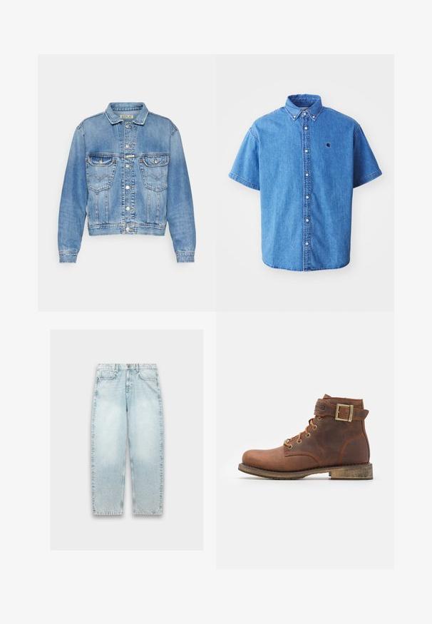 Lys blå denimjakke med klassisk snit, to forlommer, knaplukninger og syede detaljer langs sømmene og kraven.; Kortærmet denimskjorte i lyseblå med button-down krave, der har et brystlogo og iøjnefaldende syninger.; Lyseblå denimjeans med løs pasform, lige ben, falmet tekstur, fem-lomme design og metalknaplukning i taljen.; Harley Davidson VNTGMOTO SHORT RIDING APPROVED - Cowboy- / bikerstøvlette - brown