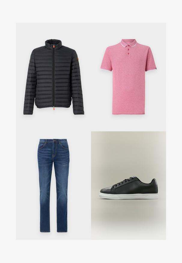 Zwarte pufferjack met horizontale gestikte design, hoge kraag, voorkant rits en een contrasterende oranje ritsstrop. Zachte textuur.; Roze polo shirt met korte mouwen, ribgebreide kraag, drieknoopsluiting en contrasterende witte afwerking bij de kraag en mouwen.; Donkerblauwe denim jeans met een klassieke rechte pasvorm, vijfzakkenontwerp en lichte vervaging details op de benen. Voorzien van een knoop- en ritssluiting.; Zwarte lage sneaker met witte rubberen zool en zwarte veters, zijaanzicht op een licht beige achtergrond.