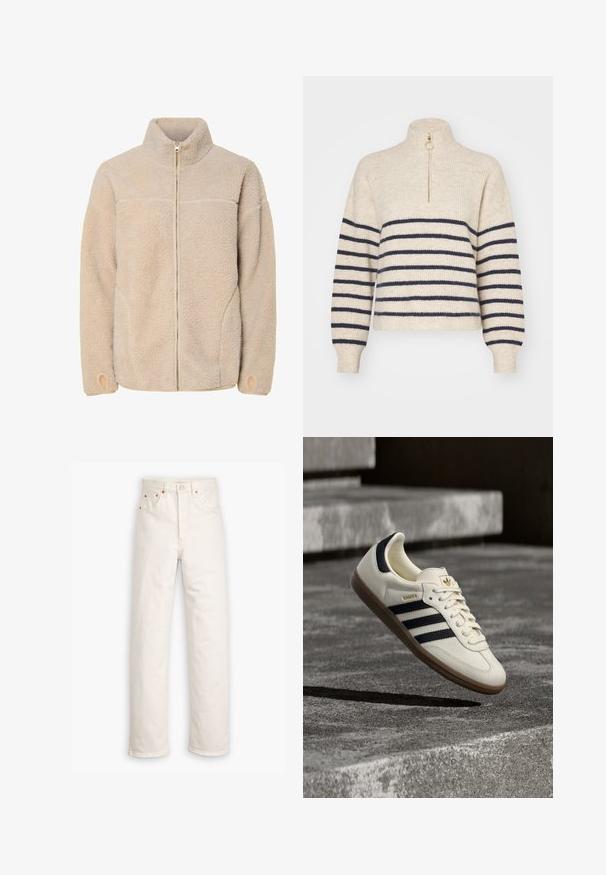 Beige fleecejakke med høj krave, lynlås lukning og sidelommer. Struktureret overflade med en blød fornemmelse og elastiske manchetter.; Beige sweater med marineblå vandrette striber, høj krave og halv-zip lukning. Fremstillet af et tekstureret strikket stof med ribbede manchetter.; Hvide denim jeans med lige ben, fem-lommestil og kobberdetaljer. Rå kantfinish ved anklerne.; Hvid Adidas Samba sneaker med sorte striber og gummsål, svævende over teksturerede grå betonstrin.
