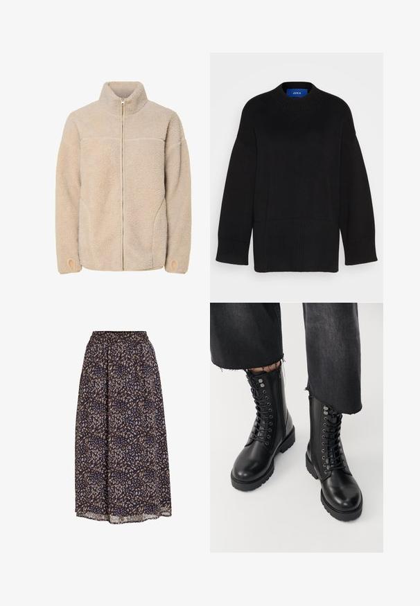 Beige fleecejakke med høj krave, lynlås lukning og sidelommer. Struktureret overflade med en blød fornemmelse og elastiske manchetter.; Sort strikket sweater med rund halsudskæring, ribbede manchetter og kant samt en afslappet pasform. Materialet ser blødt og struktureret ud. Mærket er synligt.; Midi-nederdel med elastisk talje, der har en løs pasform og et abstrakt mønster i brune, beige og marineblå farver.; Sorte ankelstøvler med en glat læderfinish, snørebånd foran og lynlås i siden. Tykke såler og detaljerede øjer tilføjer tekstur.