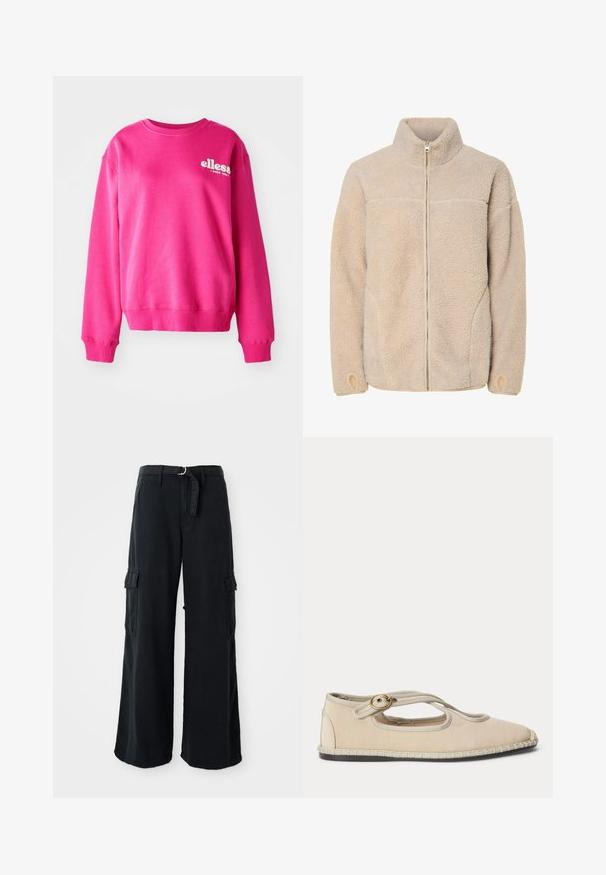Chaqueta de forro polar beige con cuello alto, cierre de cremallera y bolsillos laterales. Superficie texturizada con una sensación suave y puños elásticos.; Sudadera rosa hecha de un tejido suave y texturizado, con cuello redondo y mangas largas. Presenta un logo blanco en la parte frontal.; Pantalones cargo anchos negros de algodón con cinturón de lazo, que cuentan con dos bolsillos laterales y una textura de tela suave.; Zapato plano Mary Jane beige con empeine de tela, correa cruzada con hebilla dorada y suela de goma con ribete cosido.