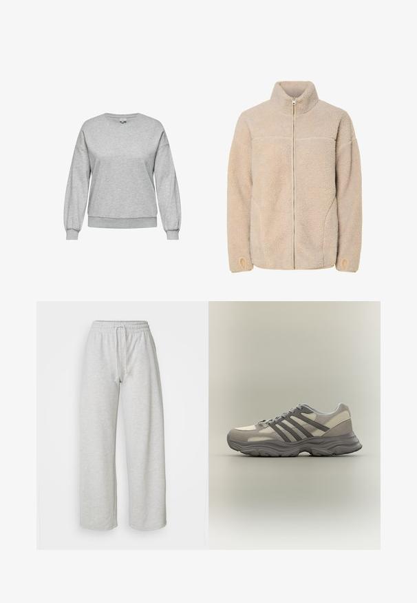 Beige fleece-takki, jossa on korkea kaulus, vetoketjulukko ja sivutaskut. Rakenne on texturoitu ja pehmeä, ja hihoissa on joustavat cuffit.; Harmaa collegemekko, joka on valmistettu puuvillasekoitteesta. Siinä on pyöreä kaula-aukko, pitkät pallohiha ja ribbireunat hihansuissa ja helmassa.; Even&Odd Petite Verryttelyhousut - mottled light grey; Harmaa ja beige urheilukenkä, jossa on verkkopaneelit, mokkanahkaiset päällysteet ja paksu, uritettu pohja, esillä sivuprofiilissa neutraalilla taustalla.
