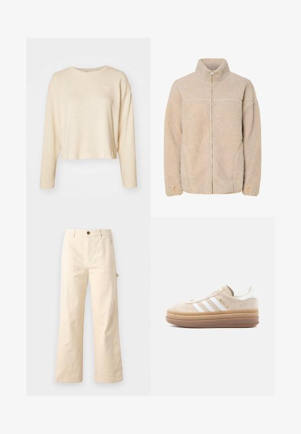 Beige fleecejakke med høj krave, lynlås lukning og sidelommer. Struktureret overflade med en blød fornemmelse og elastiske manchetter.; Cremefarvet cropped sweater med lange ærmer, lavet af tekstureret stof. Har et lille, diskret logo på brystet og en rund halsudskæring.; Bredde-beige bukser lavet af bomuld med knaplukning, udstyret med sidelommer og et rent, minimalistisk design.; Beige ruskindsneaker med hvide læderdetaljer, der har tre hvide striber, et gyldent logo og en tyk, gennemsigtig gummisål.