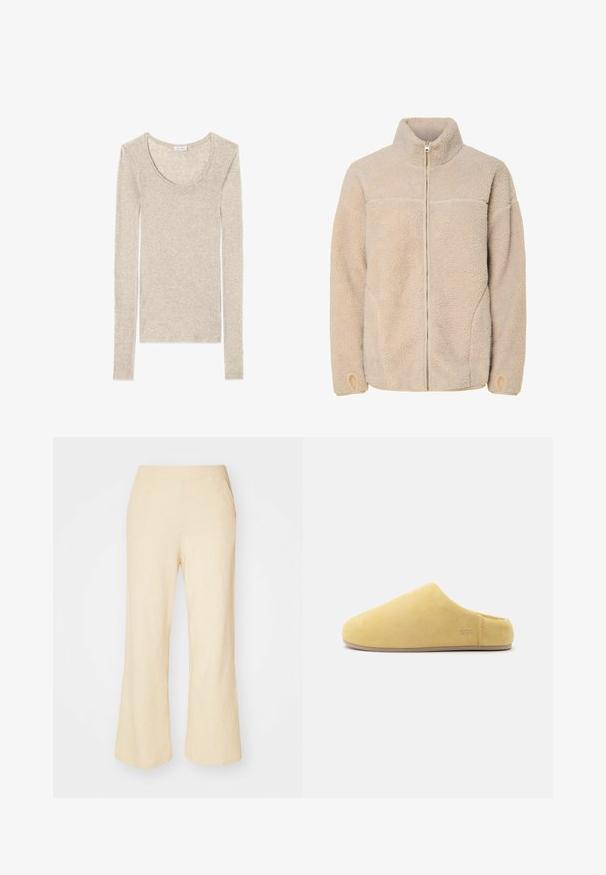 Beige Fleecejacke mit hohem Kragen, Reißverschluss und Seitentaschen. Strukturierte Oberfläche mit weichem Griff und elastischen Bündchen.; Langärmliges Oberteil in hellbeige mit Rundhalsausschnitt und weichem, glattem Stoff, entworfen für eine figurbetonte Passform.; Hellbeige weit geschnittene Hose aus strukturiertem Stoff mit einem elastischen Taillenbund und zwei Seitentaschen.; Weicher gelber Slip-On-Hausschuh mit geschlossenem Zehenbereich, niedrigem Absatz, Wildlederstruktur und UGG-Logo in der Nähe der Ferse auf weißem Hintergrund geprägt.