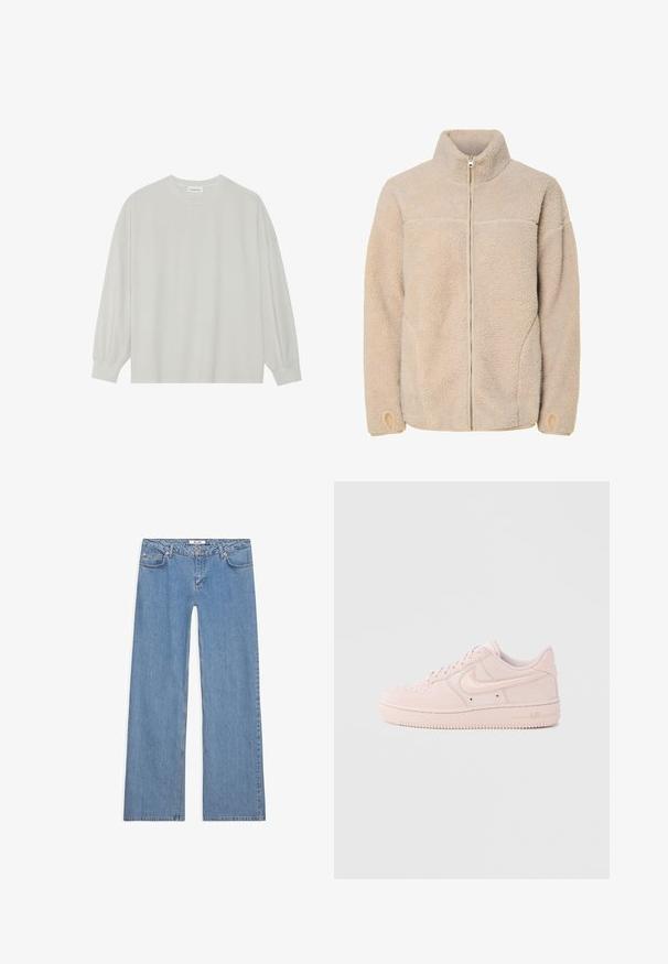 Chaqueta de forro polar beige con cuello alto, cierre de cremallera y bolsillos laterales. Superficie texturizada con una sensación suave y puños elásticos.; Camiseta de manga larga gris claro hecha de algodón suave. Presenta un corte holgado, cuello redondo y puños ligeramente fruncidos. Sin patrones ni gráficos.; Pantalones vaqueros anchos de color azul claro, hechos de mezclilla, con un diseño de cinco bolsillos, cierre de botón y detalles de costura a lo largo de las costuras y los dobladillos.; Zapatilla de ante rosa con textura suave, suela de goma, puntera perforada y detalles de logotipo bordados. Diseñada con un perfil clásico bajo.
