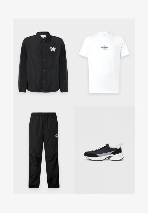 Calvin Klein Jeans Bomberjacke - black; Weißes Kurzarm-T-Shirt mit Rundhalsausschnitt und dem Logo "cK Calvin Klein" in Schwarz und Grau, zentriert auf der Brust.; Schwarze Regenhose aus leichtem, wasserdichtem Material. Mit einem elastischen Bund und Logodetail an der Seite. Glatte Textur.; Schwarzer und grauer Sportschuh mit einem Obermaterial aus verschiedenen Materialien, weißen Schnürsenkeln und Sohle, runder Form und strukturierten Akzenten an der Ferse.