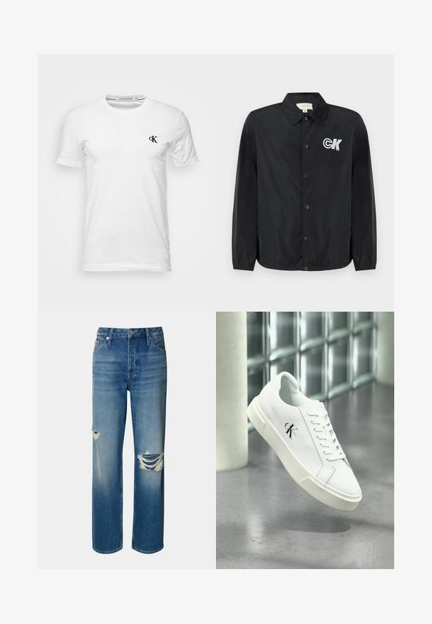 Calvin Klein Jeans Bomberjakke - black; Hvid T-shirt med korte ærmer og rund hals med lille sort "CK"-logo på venstre bryst, mærke Calvin Klein Jeans, størrelse medium.; Lyseblå denimjeans med høj talje, lige ben og slidte huller på begge knæ. Har det klassiske fem-lommer design og en knaplukning.; Hvid Calvin Klein sneaker med snørebånd, vist svævende over en poleret betongulv og en baggrund af glasblokke.