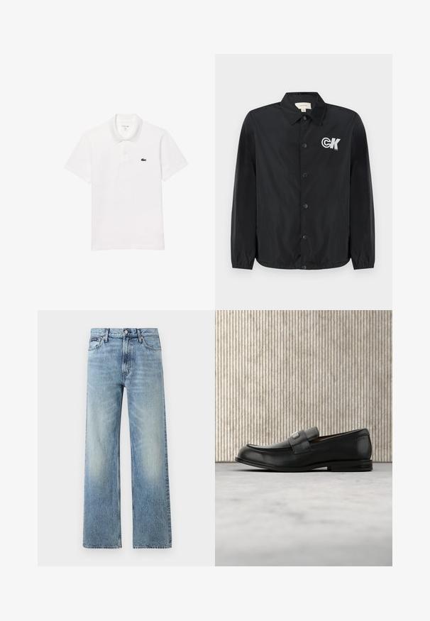 Calvin Klein Jeans Bomberjacks - black; Witte polo shirt van katoen, met een standaard kraag, korte mouwen en een klein marineblauw logo op de linkerkant van de borst.; Lichtblauwe denim jeans met rechte pijpen, een hoge taille, vijf zakken, knoopsluiting en subtiele vervaging op de dijen en knieën.; Zwarte leren loafer met een metalen merktekenplaatje, rustend bij een bruine ronde tafel op een beige tapijtvloer.