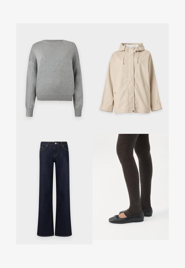 Veste beige à capuche avec boutons-pression et cordons, manches longues et deux poches avant, affichée sur un fond blanc.; Pull en tricot gris clair à manches longues, col rond côtelé, poignets et ourlet côtelés, présenté sur un fond blanc.; Jean en denim bleu foncé à jambes larges avec poches avant, fermeture par bouton et fermeture éclair, et coutures contrastantes visibles.; Jambes portant des leggings côtelés foncés associés à des ballerines noires avec de petits détails en nœud sur fond blanc.