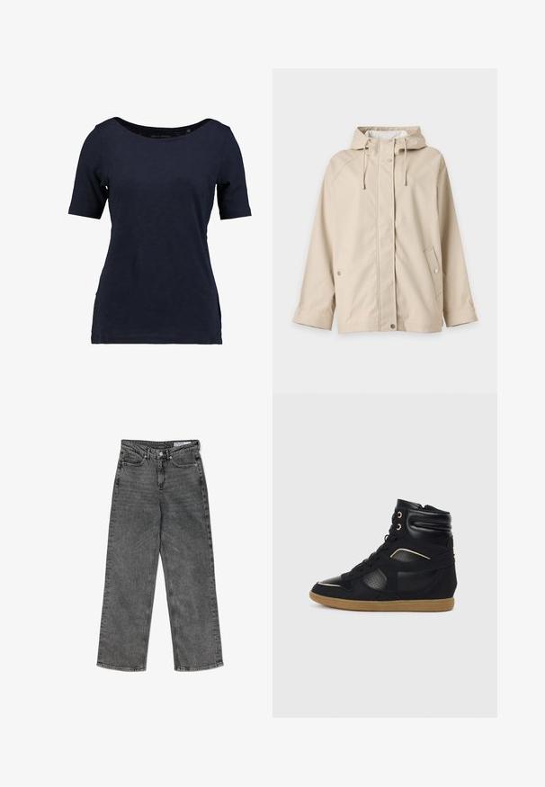 Beige Kapuzenjacke mit Druckknöpfen und Kordelzug, langen Ärmeln und zwei Vordertaschen, dargestellt auf weißem Hintergrund.; Kragenloses T-Shirt aus Baumwolle in Marineblau mit kurzen Ärmeln. Es verfügt über einen U-Boot-Ausschnitt und einen lockeren Schnitt mit seitlichen Schlitzen für mehr Bewegungsfreiheit.; Schwarze, hoch taillierte, gewaschenen Straight-Leg-Jeans mit Fronttaschen, Gürtelschlaufen, Knopfverschluss und einem markierten Innenbund-Label.; Schwarze High-Top-Sneaker mit Leder- und Wildlederelementen, Lochdetails, Gummisohle und goldenen Akzenten an den Ösen.
