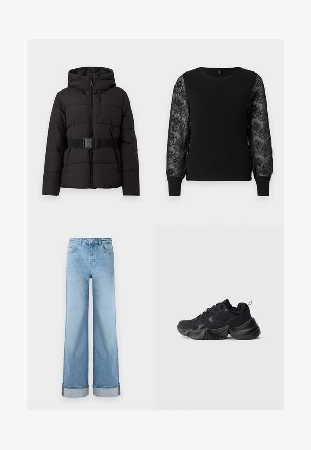 Sort polstret vinterjakke med hætte, frontlynlås, brystlomme, to sidelommer og justerbart spænde ved taljen.; Sort pullover-sweater med ribbet tekstur og lange blondesleeves med blomster mønstre. Rund halsudskæring og tætsiddende manchetter.; Lyseblå, vide jeans i klassisk denim med høj talje, prydet med opbrettede kanter og synlig søm.; Sorte sneakers med en blanding af glatte og strukturerede materialer, tykke såler, rund form og dekorativ stikning. Har en blød, fyldig kant.