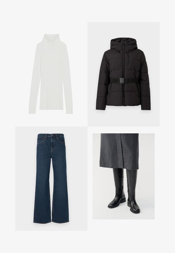 Chaqueta de invierno negra acolchada con capucha, cremallera frontal, bolsillo en el pecho, dos bolsillos laterales y cinturón ajustable con hebilla en la cintura.; Suéter de cuello alto de canalé blanco con mangas largas, textura suave y un alto cuello enrollado, presentando un diseño ajustado y sin cierres visibles.; Jeans de mezclilla de lavado oscuro y acampanados. Presentan cinco bolsillos, un cierre de botón y costuras visibles en las costuras.; Botas de cuero negro hasta la rodilla con una textura suave, cremalleras laterales y suela plana. Las botas cuentan con un caña estructurada y un hardware mínimo.