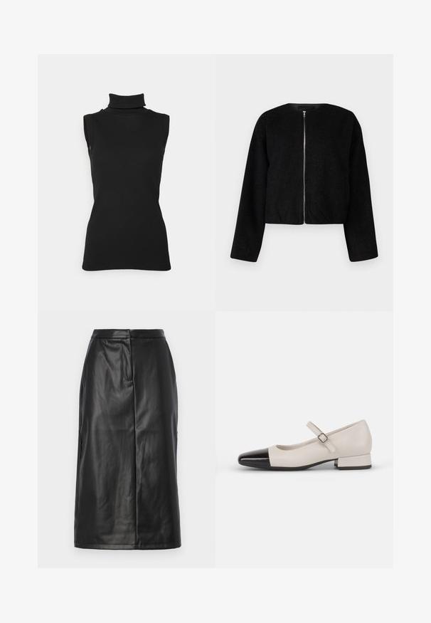 Veste noire courte en tissu texturé, avec un col rond et une fermeture éclair sur toute l'avant. Manches longues avec une coupe décontractée.; Top noir sans manches en maille côtelée, avec un col haut et une silhouette ajustée. Texture lisse avec un minimum de détails.; Jupe en cuir noir avec une silhouette ajustée, présentant une texture lisse, un design mi-long et des détails de coutures subtils. Pas d'accents en métal.; Chaussure de style Mary Jane en cuir crème avec un bout en vernis noir. Présente un bout rond, une sangle de cheville avec une boucle carrée et un petit talon carré.