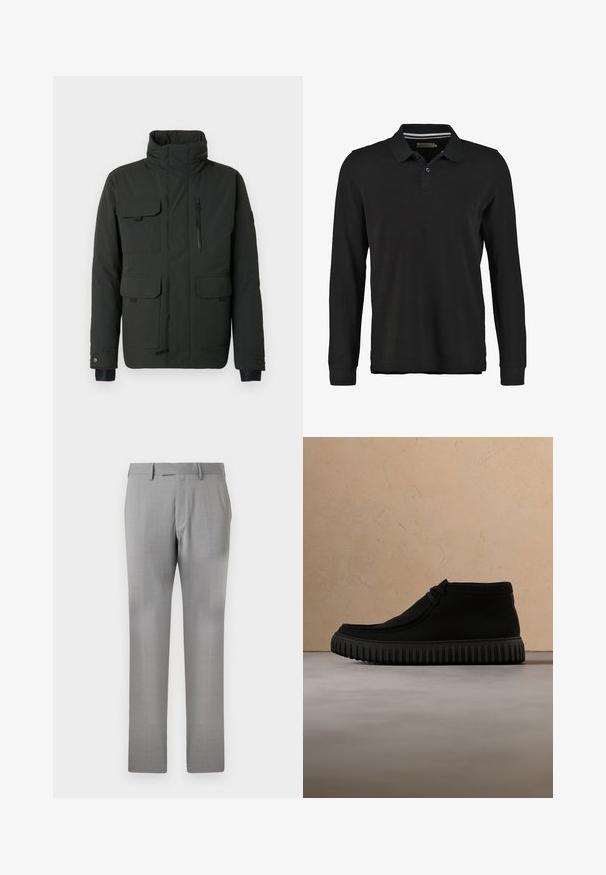 Veste isolante noire avec col haut, multiples poches avant, fermeture éclair et détails à boutons, dotée d'une texture mate et d'une coupe ajustée.; Polo-shirt noir à manches longues en coton. Équipé d'une patte de boutonnage à deux boutons, d'un col côtelé et d'un détail de rayure subtile sous le col.; Pantalon formel gris clair pour homme avec passants de ceinture, poches avant et fermeture éclair dissimulée à l'avant.; Bottes de cheville noires en matériau doux, avec un bout rond, un lacet minimal, et une semelle en caoutchouc texturée comportant des rainures verticales.