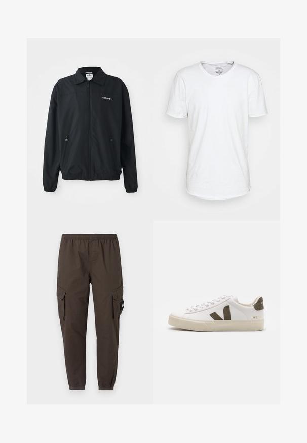 Veste noire zippée fabriquée en tissu léger. Elle présente un col pointu, deux poches latérales avec des zips et un logo brodé sur la poitrine.; T-shirt blanc à manches courtes en coton avec un col ras du cou classique. Présente un ourlet légèrement incurvé et des détails de couture minimalistes.; Pantalons cargo en tissu marron foncé, avec une taille élastique, des jambes fuselées et deux poches latérales avec rabats.; Baskets en cuir blanc avec une semelle en caoutchouc beige clair. Présentent un logo en V en daim marron et une languette de talon. Fermeture à lacets avec une surface texturée.