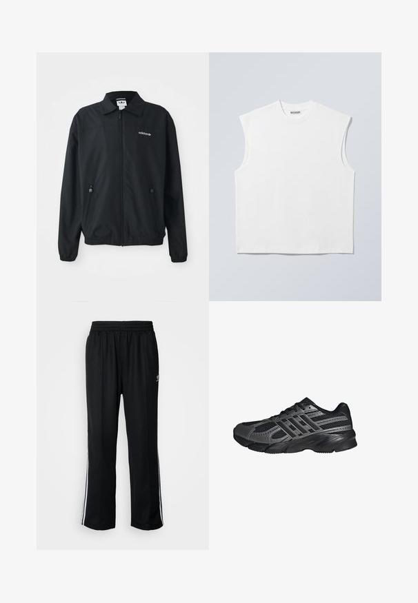 Schwarze Zip-Up-Jacke aus leichtem Stoff. Mit einem spitzen Kragen, zwei seitlichen Taschen mit Reißverschlüssen und einem gestickten Logo auf der Brust.; Weißes ärmelloses Baumwolltop mit Rundhalsausschnitt und strukturierten Schultern, mit "WEEKDAY" auf dem Kragenetikett versehen, vor hellgrauem Hintergrund dargestellt.; Schwarze Sporthosen mit elastischem Bund, ausgestattet mit weißen Seitenstreifen und einem kleinen Logo. Das Material wirkt weich und leicht.; Schwarze Sportschuhe aus Netz- und synthetischem Material, mit einer strukturierten Oberfläche, mehreren grauen Streifen und einem gepolsterten Schaft.