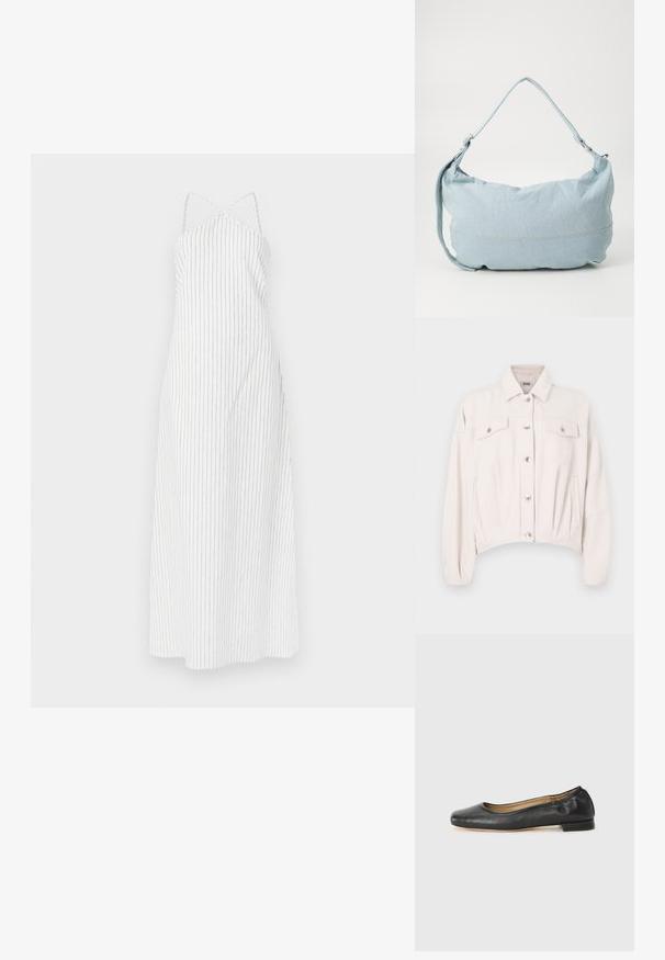 Veste en denim beige clair, raccourcie, avec un col pointu, une fermeture boutonnée sur le devant, deux poches poitrine et des manches longues légèrement bouffantes.; Robe blanche à rayures avec un design à dos croisé, fabriquée en tissu léger. Présente de fines rayures verticales noires et une silhouette fluide.; Ballerines en cuir noir avec un bout arrondi et des coutures minimales. Talon bas et rectangulaire avec une texture lisse. Détails subtils de doublure intérieure.; Sac à dos en denim bleu clair de forme arrondie, avec une bandoulière ajustable et un subtil détail de couture le long du bas. Texture douce.