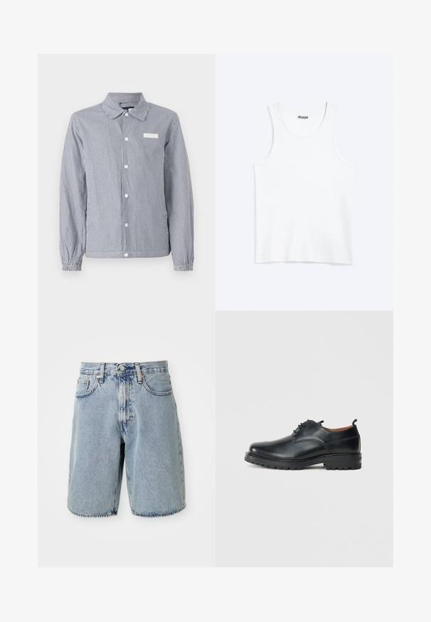Gestreept knoopshirt in marineblauw en wit, met een kraag, lange mouwen met elastische manchetten en een klein wit label op de borst.; Wit mouwloos hemdje met ronde hals en Weekday-merklabel aan de binnenkant van de achterkraag, plat weergegeven op een lichte achtergrond.; Lichtblauwe denim shorts met een hoge taille, rechte pasvorm, rafelige zoom, vijf zakken en knoopsluiting. Versleten textuur zichtbaar.; Zwarte leren derby schoenen met een gladde textuur, ronde neus, vetersluiting en een dikke, robuuste rubberen zool.