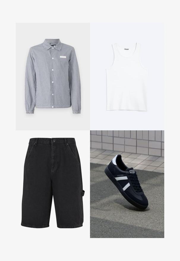 Gestreept knoopshirt in marineblauw en wit, met een kraag, lange mouwen met elastische manchetten en een klein wit label op de borst.; Wit mouwloos hemdje met ronde hals en Weekday-merklabel aan de binnenkant van de achterkraag, plat weergegeven op een lichte achtergrond.; Zwarte denim shorts met een losse pasvorm, voorzakken en een zijaccentzak. De stof heeft een subtiele textuur en een stevige constructie.; Zwarte leren sneaker met witte strepen, een gestructureerde rubberen zool en vetersluiting aan de voorkant. Voorzien van een merklabel op de tong.