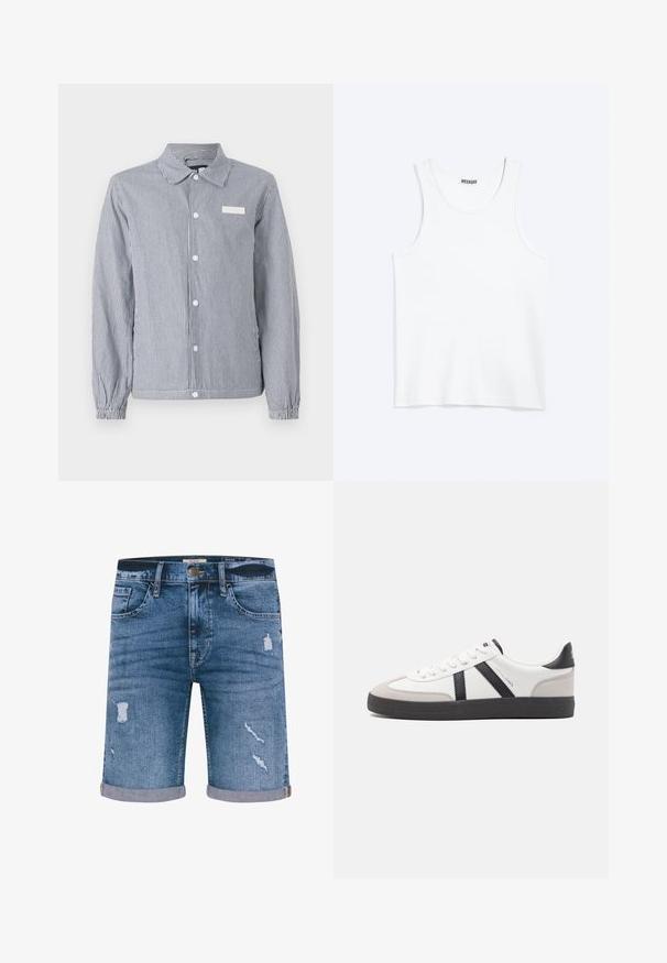 Gestreept knoopshirt in marineblauw en wit, met een kraag, lange mouwen met elastische manchetten en een klein wit label op de borst.; Wit mouwloos hemdje met ronde hals en Weekday-merklabel aan de binnenkant van de achterkraag, plat weergegeven op een lichte achtergrond.; Denim shorts in medium blue met verweerde details, omgeslagen zoom, vijf zakken en een metalen knoopsluiting. Standaard pasvorm.; Witte sneaker met zwarte en grijze accenten, voorzien van een grijze neus met textuur, zwarte rubberen zool en platte witte veters. Schoon ontwerp, minimalistische stijl.