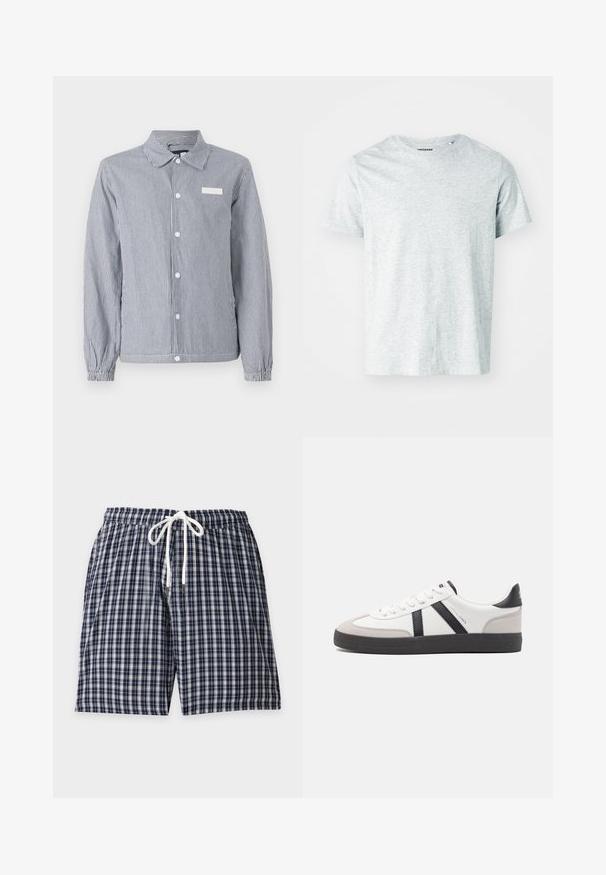 Chemise à rayures bleu marine et blanche, dotée d'un col, de longues manches avec des poignets élastiques et d'une petite étiquette blanche sur la poitrine.; T-shirt gris clair à manches courtes en tissu doux, avec un col rond et une coupe légèrement décontractée. Aucun motif ou graphique visible.; Shorts à carreaux bleu marine et blanc avec taille élastique et cordon de serrage blanc, posés à plat sur un fond uni.; Baskets blanches avec des accents noirs et gris, présentant un embout texturé gris, une semelle en caoutchouc noir et des lacets plats blancs. Design épuré, style minimaliste.