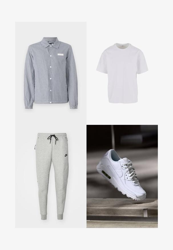 Gestreept knoopshirt in marineblauw en wit, met een kraag, lange mouwen met elastische manchetten en een klein wit label op de borst.; Witte T-shirt met korte mouwen van zacht katoen, met een ronde halslijn en een ontspannen pasvorm met rechte zoom. Geen patronen of accenten zichtbaar.; Grijze sweatpants met een gladde textuur, elastische tailleband, verstelbaar zwart trekkoord, twee zijzakken en een klein zwart logo.; Witte leren sneaker met gestructureerde oppervlakken, gevoerde kraag en zichtbare luchtbescherming in de zool. Heeft veters en een minimalistisch ontwerp.