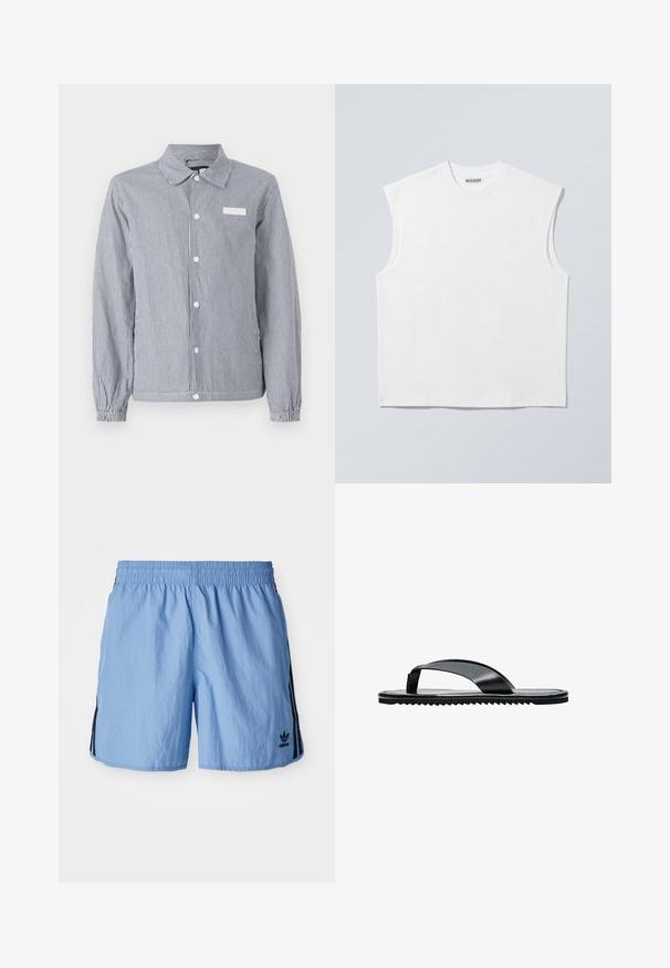 Gestreifte Button-up-Bluse in Marineblau und Weiß, mit Kragen, langen Ärmeln mit elastischen Bündchen und einem kleinen weißen Etikett auf der Brust.; Weißes ärmelloses Baumwolltop mit Rundhalsausschnitt und strukturierten Schultern, mit "WEEKDAY" auf dem Kragenetikett versehen, vor hellgrauem Hintergrund dargestellt.; Hellblaue Sportshorts mit elastischem Bund, ausgestattet mit schwarzen Seitenstreifen und einem gestickten schwarzen Logo unten rechts.; Schwarze flache Flip-Flop Sandale mit breitem Zehenriemen und strukturierter Sohle, seitlich auf weißem Hintergrund dargestellt.