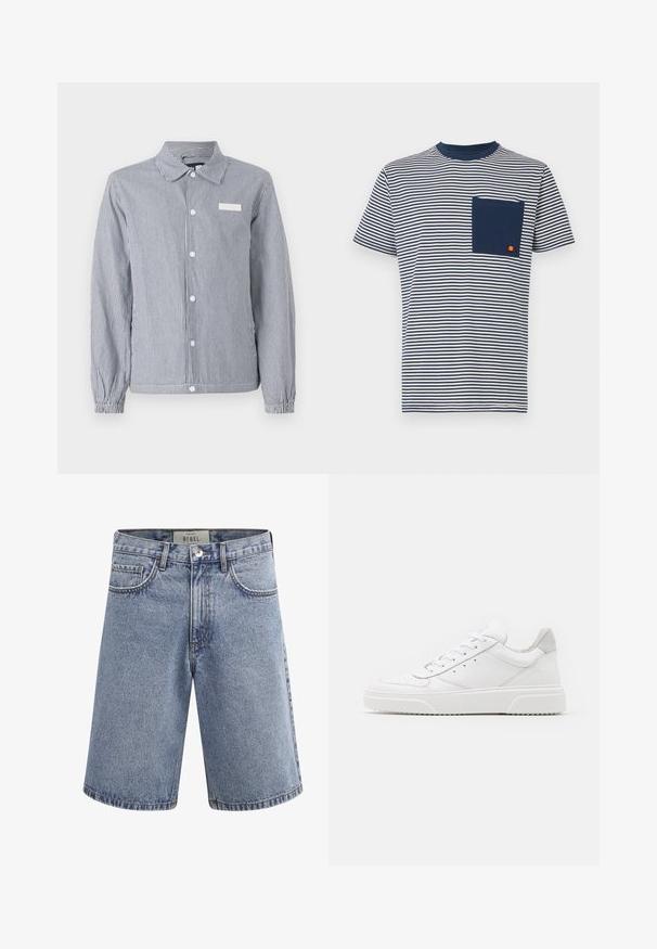 Stribet skjorte i navy og hvid, med krave, lange ærmer med elastiske manchetter og et lille hvidt mærke på brystet.; Ellesse HIRST TEE - T-shirts print - navy; Lyseblå denimshorts med forlommer, bæltestropper, knaplukning og en mærkat inde i taljebåndet med teksten "REBEL."; Hvide lædersneakers med en glat finish, rund tå, flade snørebånd og en struktureret sål. Grå ruskindsdetalje ved hælen.