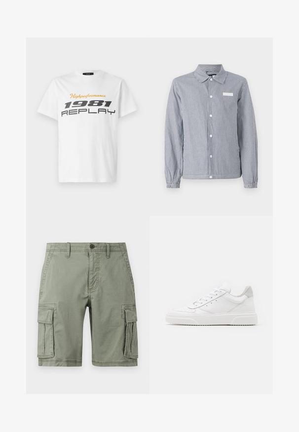 Stribet skjorte i navy og hvid, med krave, lange ærmer med elastiske manchetter og et lille hvidt mærke på brystet.; Replay SHORT SLEEVE GRAPHIC - T-shirts print - natural white; Grønne cargo shorts lavet af bomuldsblanding, der har to sidelommer, knaplukning og lige snit.; Hvide lædersneakers med en glat finish, rund tå, flade snørebånd og en struktureret sål. Grå ruskindsdetalje ved hælen.