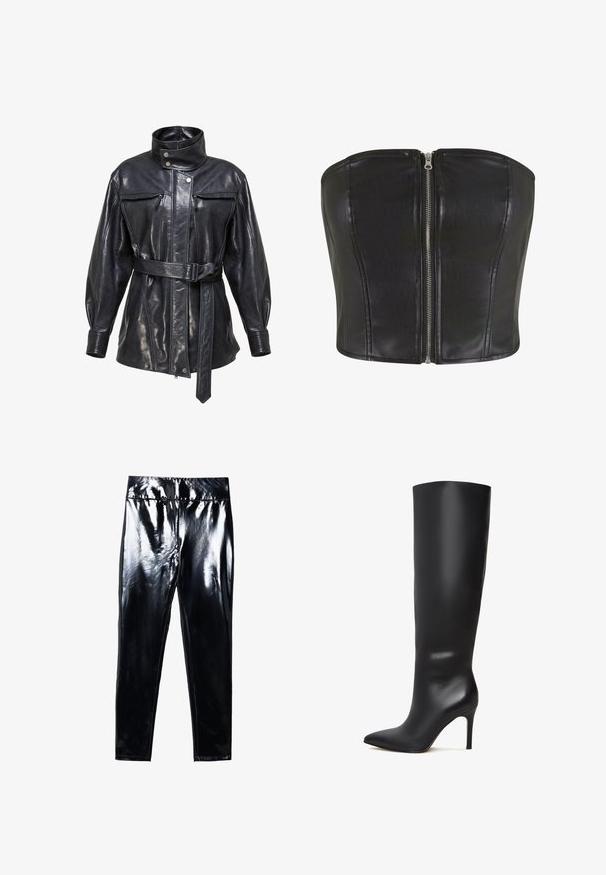 Schwarze Ledjacke mit Gürtel, hohem Druckknopfkkragen, verschließbaren Brusttaschen und langen Ärmeln vor weißem Hintergrund.; Schwarzes Leder-Corsage-Oberteil mit strukturierter Passform. Verfügt über einen zentralen silbernen Reißverschluss und Nahtdetails entlang des Oberteils. Schmeichelnde Textur.; Schwarze, hochglänzende Leggings mit glatter, glänzender Oberfläche. Elastischer Bund und figurbetontes Design mit schmal zulaufendem Bein.; Schwarze kniehohe Stöckelschuhstiefel aus Leder mit spitzer Zehenform und glänzender, glatter Oberfläche. Verfügt über einen hohen, schlanken Absatz für eine verlängerte Silhouette.