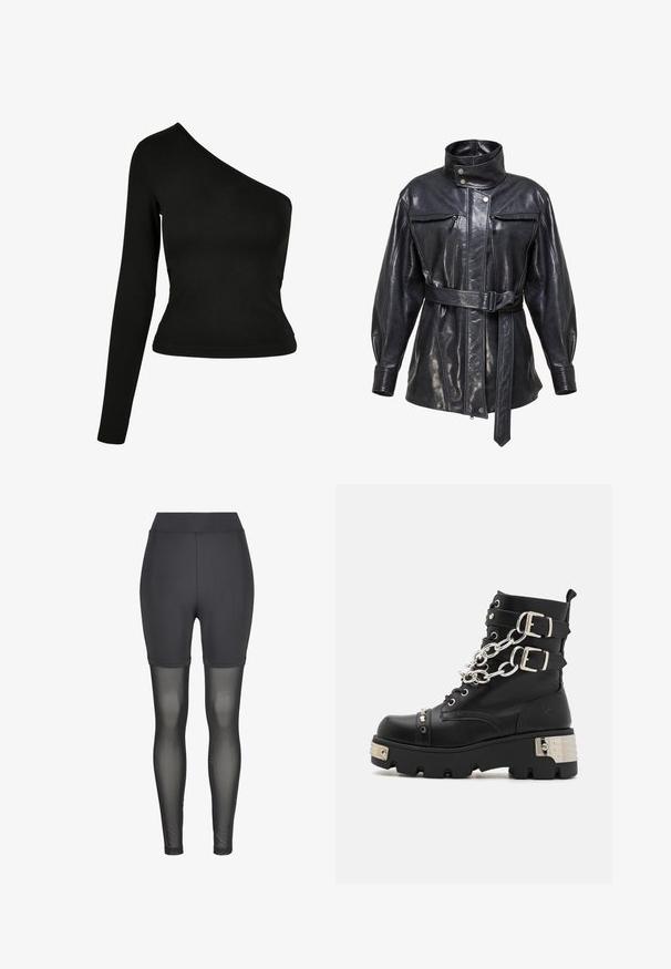 Veste en cuir noire avec ceinture, col montant à pression, poches poitrine zippées et manches longues sur fond blanc.; Haut à manches longues noir avec un col asymétrique. Fabriqué en tissu lisse, design ajusté et ourlet arrondi. Pas de motifs ni d'ornements.; Shorts actifs noirs avec une taille haute, présentant une partie supérieure lisse et une partie inférieure en maille transparente, conçus pour le confort et la respirabilité.; Koi Footwear SHACKLED SHADOWS HEAVY DUTY CHAIN - Bottines de cowboy / motard - black