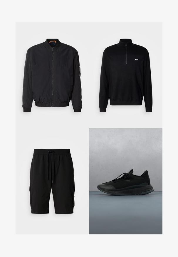 Chaqueta bomber negra con cremallera frontal, puños y cuello acanalados. Presenta una tela suave y ligera, así como un bolsillo lateral con cremallera.; Suéter negro de hilo con cuello de media cremallera, que presenta textura acanalada en los hombros y un pequeño logo blanco de "BOSS" en el pecho.; Pantalones cortos cargo negros hechos de tejido ligero, con una cinturilla elástica, cordón y bolsillos laterales cargo para almacenamiento adicional.; Zapatilla deportiva negra con parte superior de malla, suela de goma y diseño de cordones. Presenta un acabado texturizado y un sutil logo en el lateral.