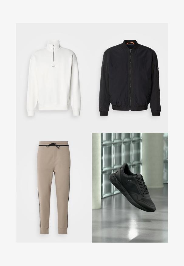 Chaqueta bomber negra con cremallera frontal, puños y cuello acanalados. Presenta una tela suave y ligera, así como un bolsillo lateral con cremallera.; Sudadera blanca de cuello alto con media cremallera, que presenta un pequeño logo negro "HUGO" centrado en el pecho. Textura de tela suave.; Pantalones de chándal beiges con franjas laterales negras, presentan una cintura elástica con cordón, tobillos ajustados y un logo en la pierna izquierda.; Zapatilla negra de la marca BOSS con detalles de malla y cuero, flotando sobre un suelo pulido frente a paredes de bloques de vidrio.