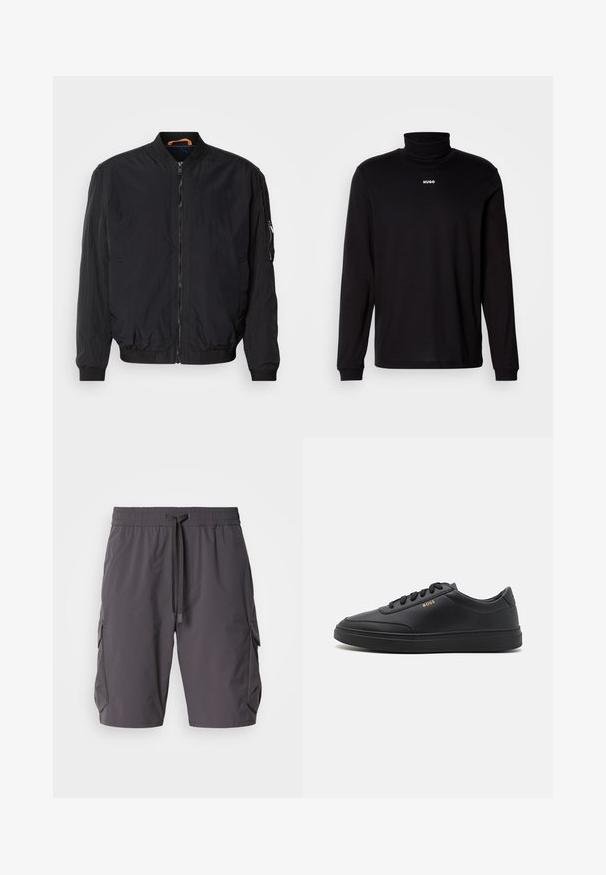 Chaqueta bomber negra con cremallera frontal, puños y cuello acanalados. Presenta una tela suave y ligera, así como un bolsillo lateral con cremallera.; Camisa de cuello alto negra de manga larga hecha de un tejido suave, con el logo blanco "HUGO" en el pecho, con puños y dobladillo ajustados.; Pantalones cortos cargo grises hechos de un tejido ligero, con cintura elástica y cordón, bolsillos laterales y un ajuste ligeramente holgado.; Zapatillas de cuero negro con una textura suave, punta redondeada, suela plana de goma y cordones a tono. Presentan el logotipo dorado "BOSS" en el lateral.