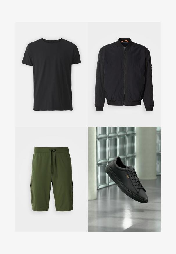 Chaqueta bomber negra con cremallera frontal, puños y cuello acanalados. Presenta una tela suave y ligera, así como un bolsillo lateral con cremallera.; Camiseta de manga corta negra, hecha de algodón suave, con un cuello redondo clásico y una textura suave, con un corte recto.; Pantalones cortos de carga en color verde oliva con cintura elástica, cordón ajustable y bolsillos laterales para almacenamiento. Tela suave, corte a la altura de la rodilla.; Zapatilla baja de piel negra con cordones negros y logo dorado BOSS en el lateral, flotando sobre un suelo gris brillante en un espacio interior moderno.