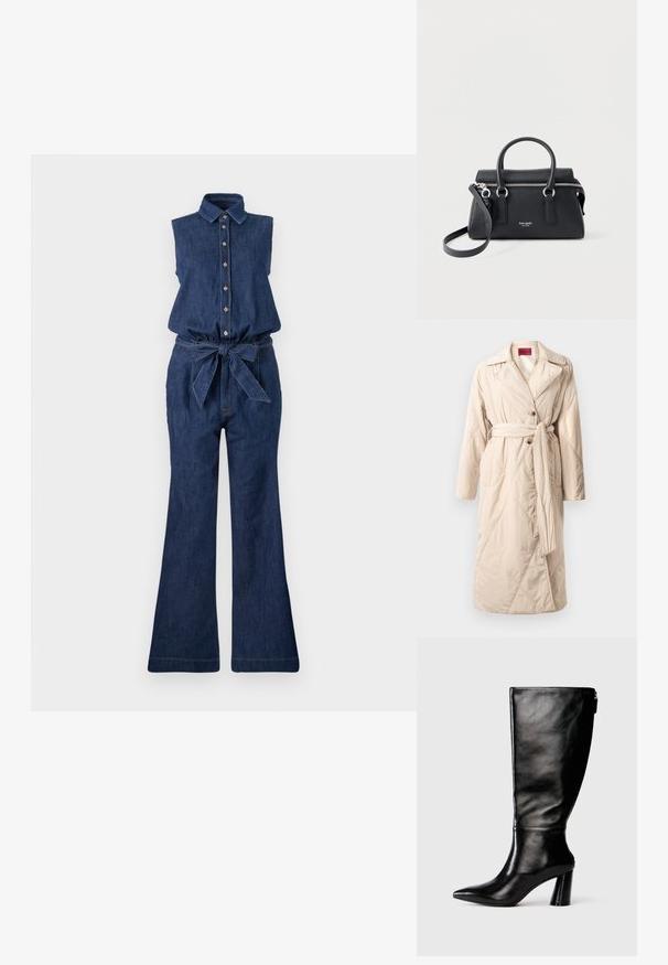 Beige vuorattu pitkä takki leveillä kauluksilla, kahdella napilla, vyö vyötäröllä solmittuna ja sivutaskuilla, esillä valkoista taustaa vasten.; Denim haalari ilman hihoja, jossa on kaulus, etupainonappikiinnitys ja vyötärölle pujotettu vyö. Ominaisuuksiin kuuluu leveät lahkeet ja tummansininen väri.; Mustat nahkasaappaat, joissa on terävä kärki, sileä pinta ja paksu korko. Takana on vetoketjuyksityiskohta.; Musta nahkainen Kate Spade -käsilaukku yläkahvoilla, hopeisella vetoketjulla ja irrotettavalla olkahihnalla vaalealla, yksinkertaisella taustalla.