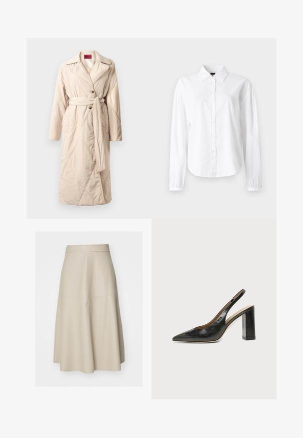 Beige gewatteerde lange jas met brede revers, twee knopen, riem geknoopt om de taille en zijzakken, tentoongesteld op een witte achtergrond.; Witte blouse met lange mouwen, kraag, knoopsluiting aan de voorkant en ingezette manchetten. Gemaakt van zacht, lichtgewicht stof met een gladde textuur.; Beige A-lijn midi-rok met zichtbare naaddetails en een aansluitende tailleband, gemaakt van glad leerachtig materiaal.; Zwarte leren slingback schoen met spits toelopend neusje, hoge blokhak en beige binnenvoering tegen een effen lichte achtergrond.